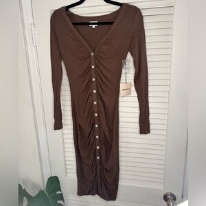 Superdown Brown Ruched Bodycon Dress with Cuffed Sleeves